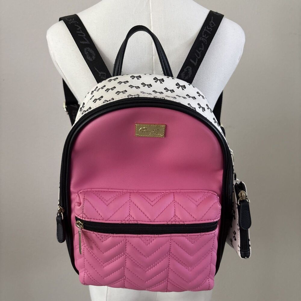 Betsey Johnson Backpack Black Pink Quilted Bow Print W/ Pouch **Has Flaws**